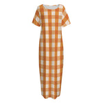 Burnt Orange And White Check Print Short Sleeve Long Nightdress