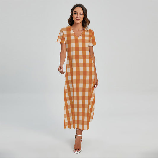 Burnt Orange And White Check Print Short Sleeve Maxi Dress