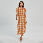 Burnt Orange And White Check Print Short Sleeve Maxi Dress