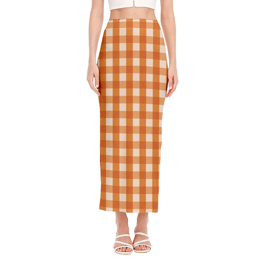 Burnt Orange And White Check Print Side Slit Maxi Skirt