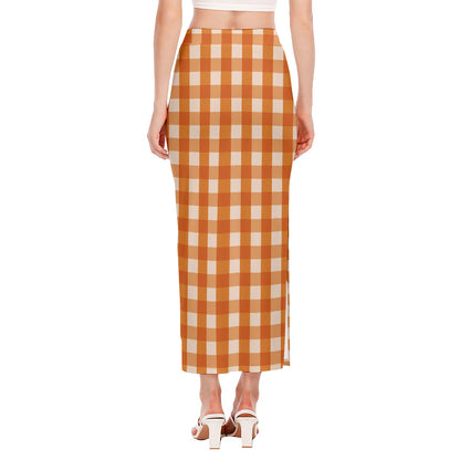 Burnt Orange And White Check Print Side Slit Maxi Skirt