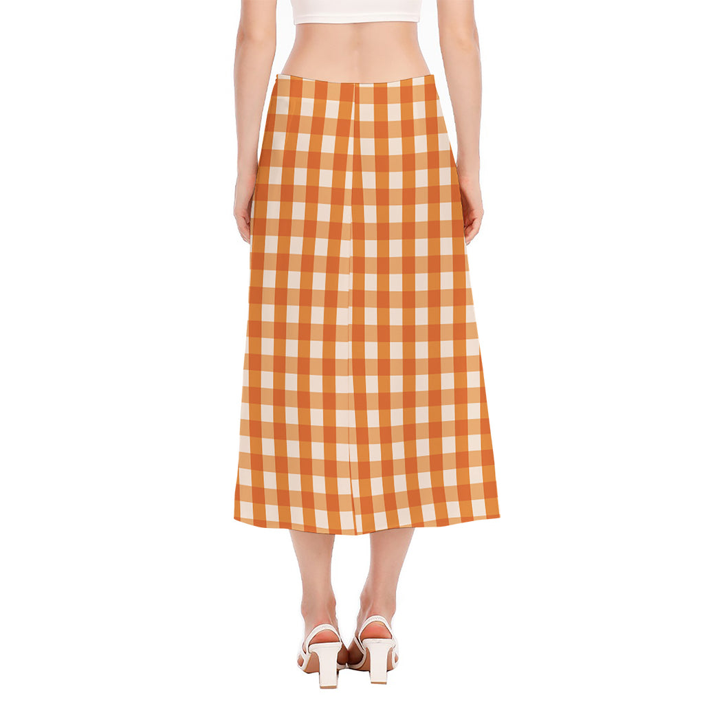 Burnt Orange And White Check Print Side Slit Midi Skirt