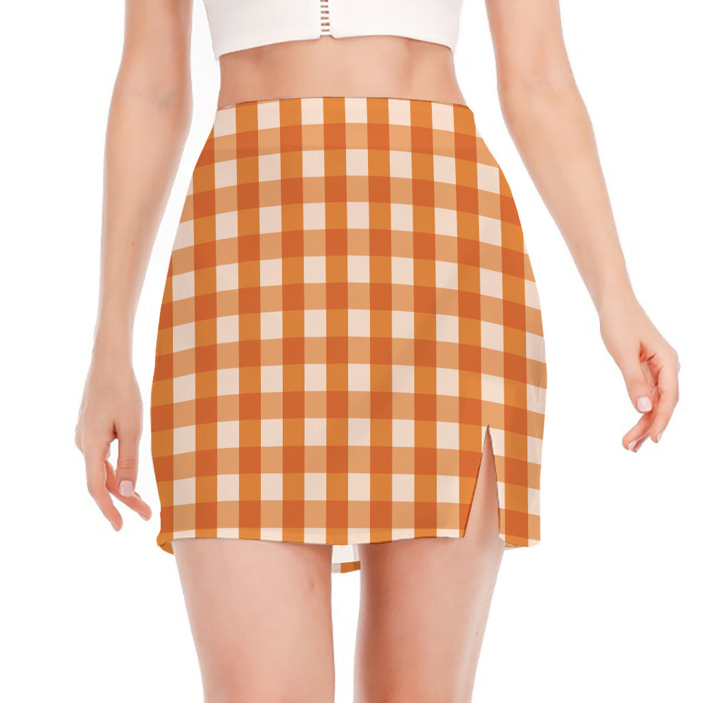 Burnt Orange And White Check Print Side Slit Mini Skirt