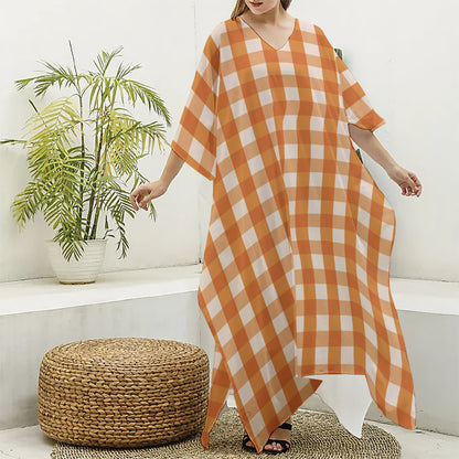 Burnt Orange And White Check Print Silk V-Neck Kaftan Dress