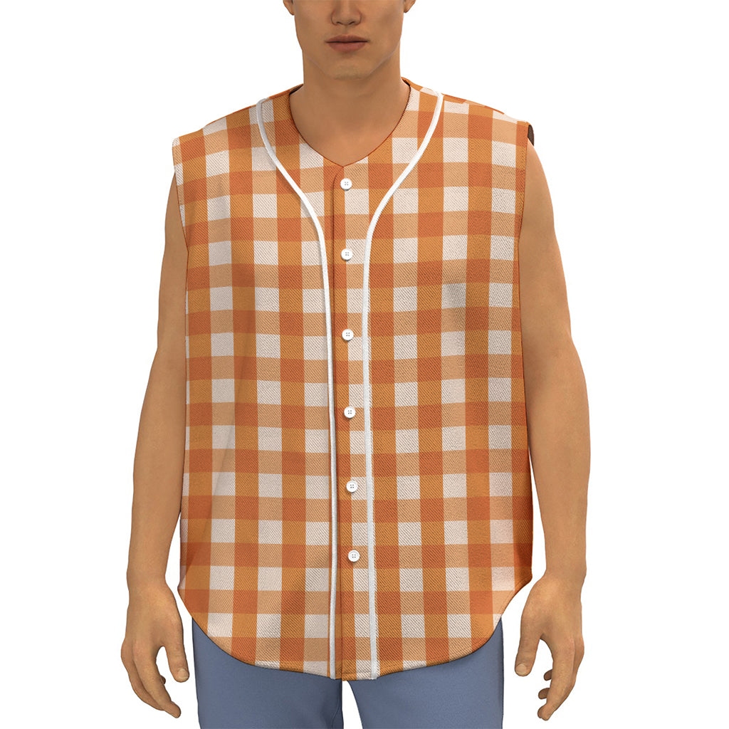 Burnt Orange And White Check Print Sleeveless Baseball Jersey