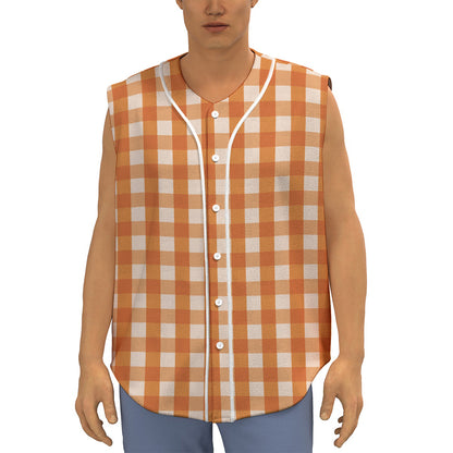 Burnt Orange And White Check Print Sleeveless Baseball Jersey