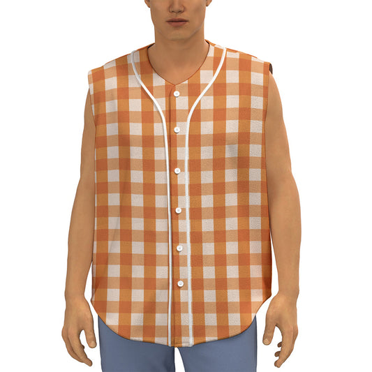 Burnt Orange And White Check Print Sleeveless Baseball Jersey
