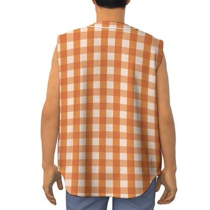 Burnt Orange And White Check Print Sleeveless Baseball Jersey
