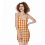 Burnt Orange And White Check Print Sleeveless Bodycon Dress