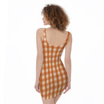 Burnt Orange And White Check Print Sleeveless Bodycon Dress