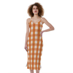 Burnt Orange And White Check Print Slim Fit Midi Cami Dress