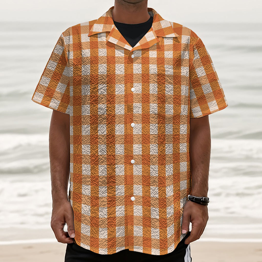 Burnt Orange And White Check Print Textured Short Sleeve Shirt