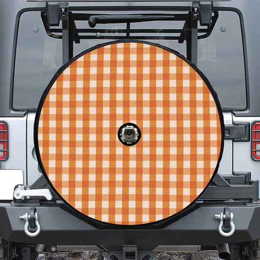 Burnt Orange And White Check Print Tire Cover With Camera Hole