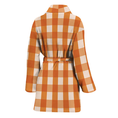 Burnt Orange And White Check Print Women's Bathrobe