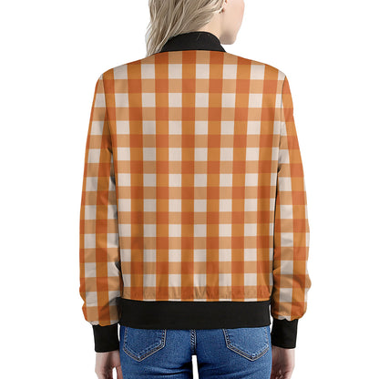 Burnt Orange And White Check Print Women's Bomber Jacket