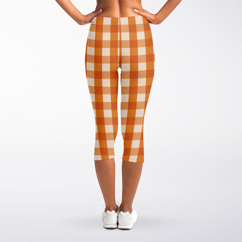 Burnt Orange And White Check Print Women's Capri Leggings