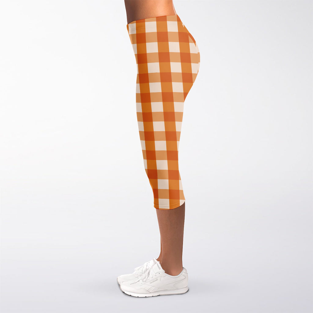 Burnt Orange And White Check Print Women's Capri Leggings
