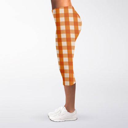 Burnt Orange And White Check Print Women's Capri Leggings