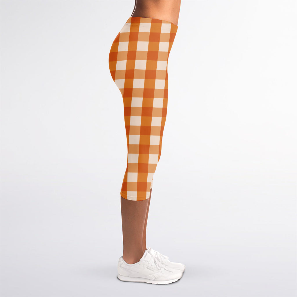 Burnt Orange And White Check Print Women's Capri Leggings