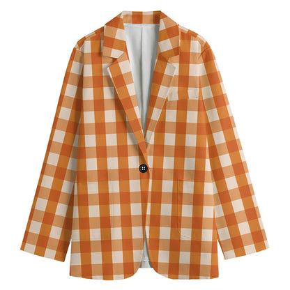 Burnt Orange And White Check Print Women's Cotton Blazer