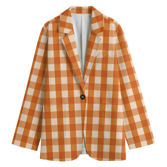 Burnt Orange And White Check Print Women's Cotton Blazer
