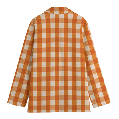 Burnt Orange And White Check Print Women's Cotton Blazer