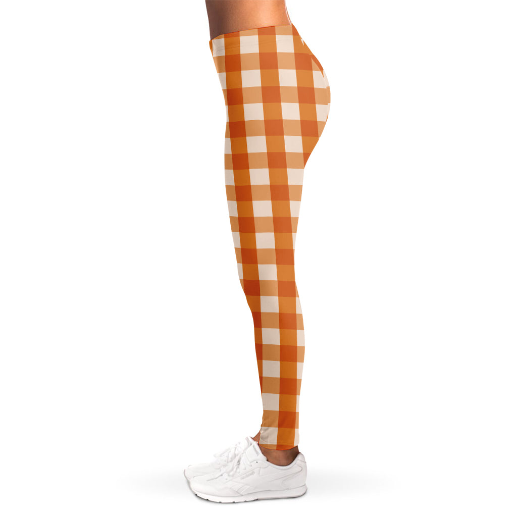 Burnt Orange And White Check Print Women's Leggings