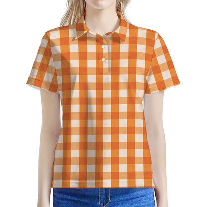 Burnt Orange And White Check Print Women's Polo Shirt