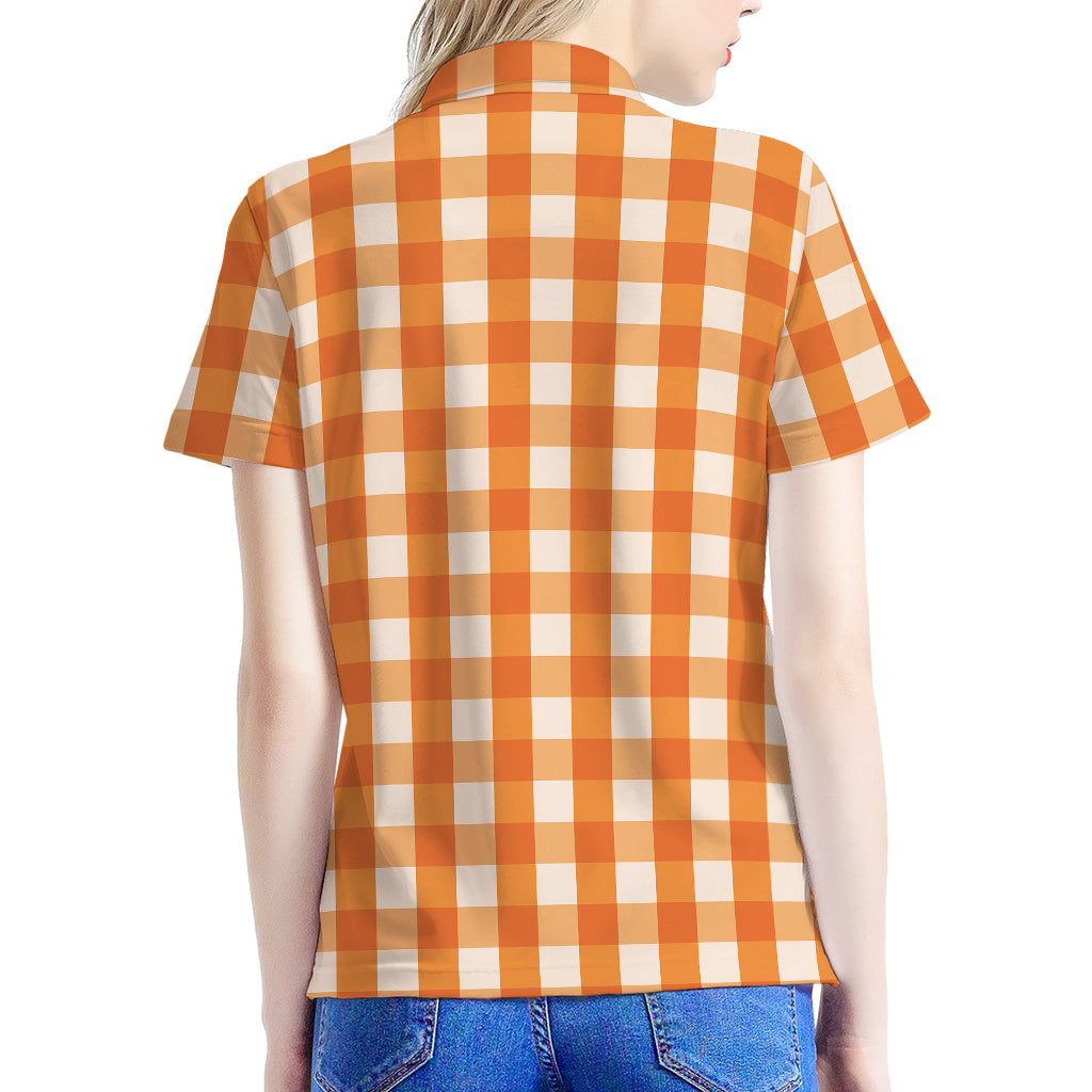 Burnt Orange And White Check Print Women's Polo Shirt