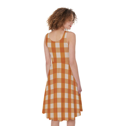 Burnt Orange And White Check Print Women's Sleeveless Dress