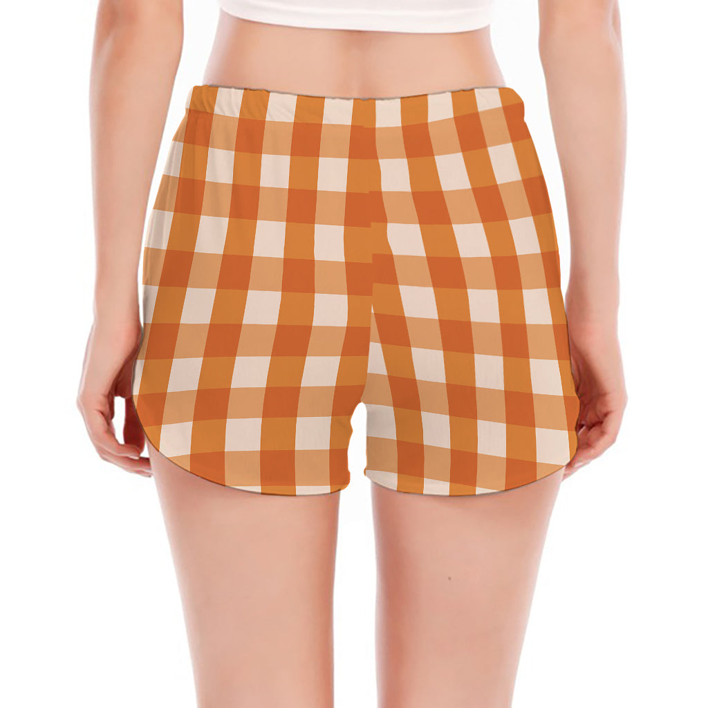 Burnt Orange And White Check Print Women's Split Running Shorts