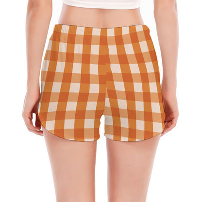 Burnt Orange And White Check Print Women's Split Running Shorts