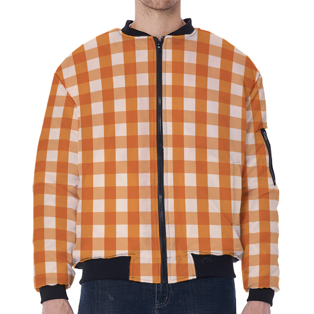 Burnt Orange And White Check Print Zip Sleeve Bomber Jacket