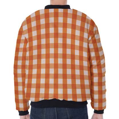Burnt Orange And White Check Print Zip Sleeve Bomber Jacket