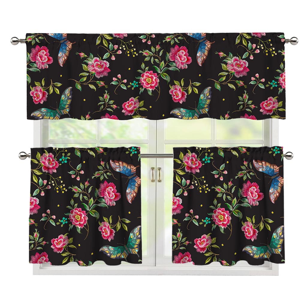 Butterfly And Flower Pattern Print 3 Piece Kitchen Curtains