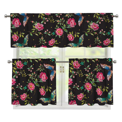 Butterfly And Flower Pattern Print 3 Piece Kitchen Curtains