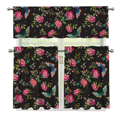 Butterfly And Flower Pattern Print 3 Piece Kitchen Curtains