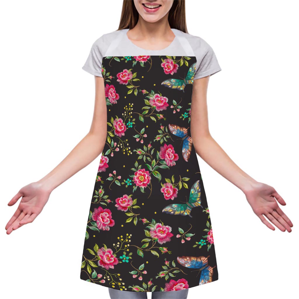 Butterfly And Flower Pattern Print Adjustable Apron