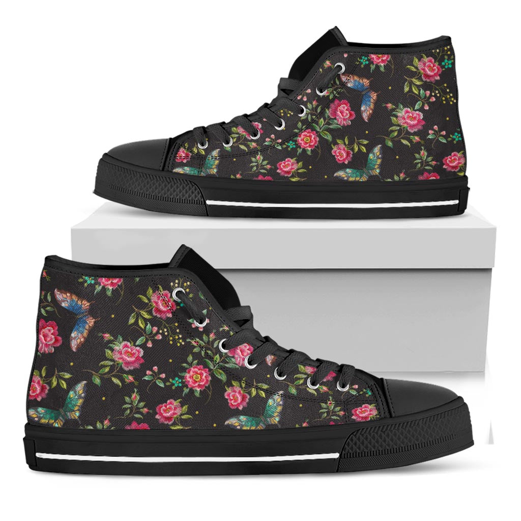 Butterfly And Flower Pattern Print Black High Top Sneakers