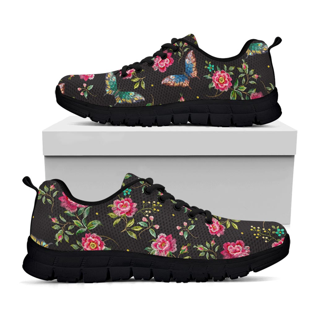 Butterfly And Flower Pattern Print Black Running Shoes