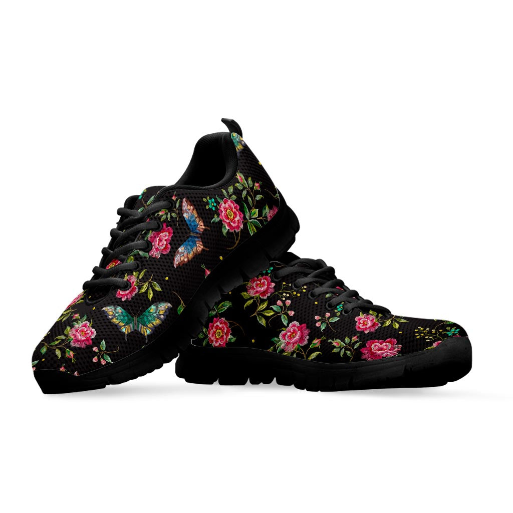 Butterfly And Flower Pattern Print Black Running Shoes