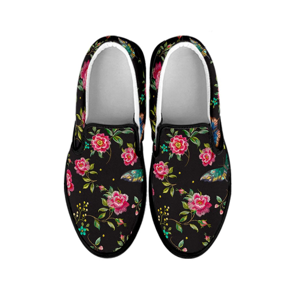 Butterfly And Flower Pattern Print Black Slip On Sneakers