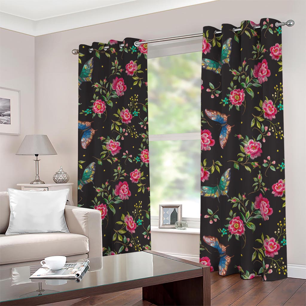 Butterfly And Flower Pattern Print Blackout Grommet Curtains