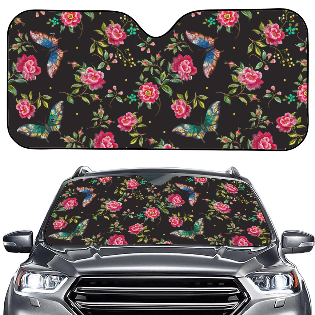 Butterfly And Flower Pattern Print Car Windshield Sun Shade