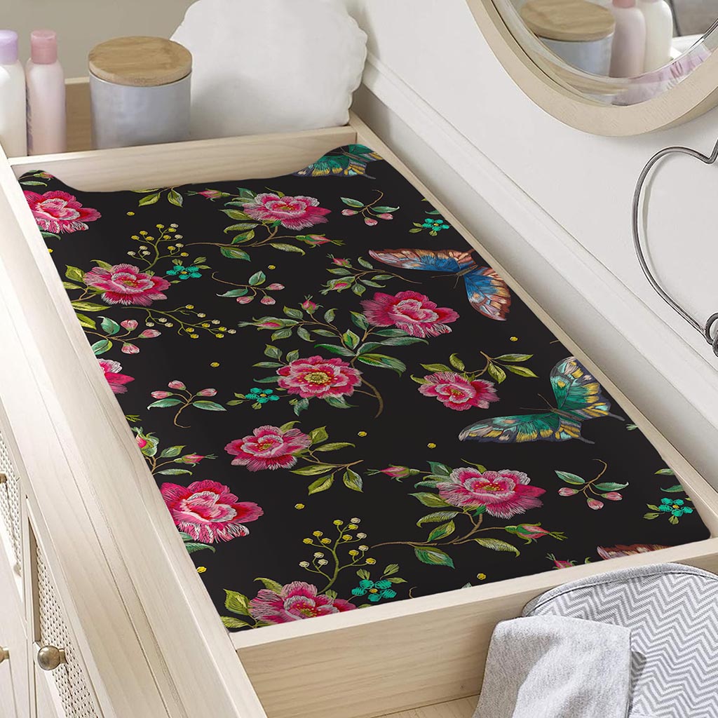 Butterfly And Flower Pattern Print Changing Pad Cover