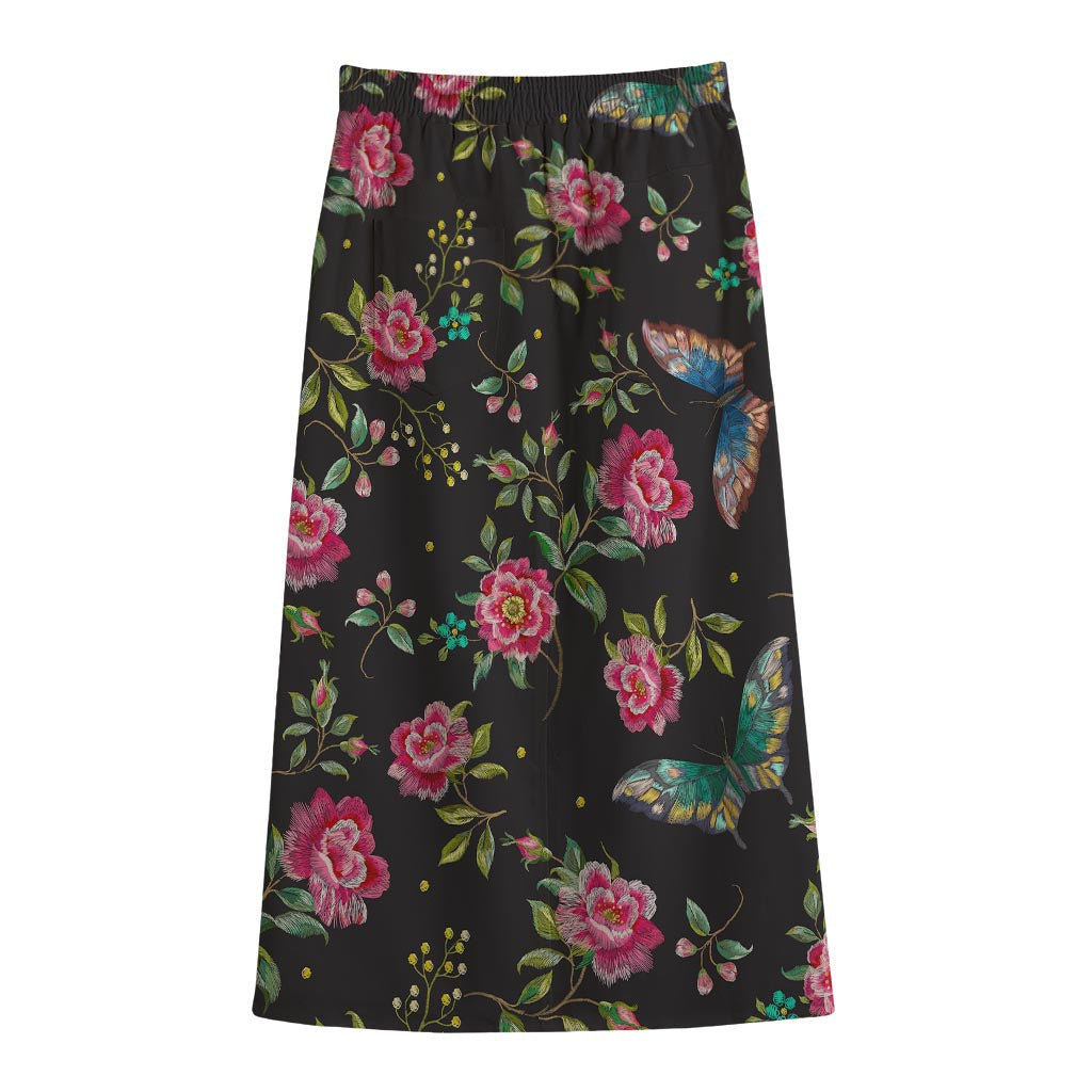 Butterfly And Flower Pattern Print Cotton Front Slit Maxi Skirt