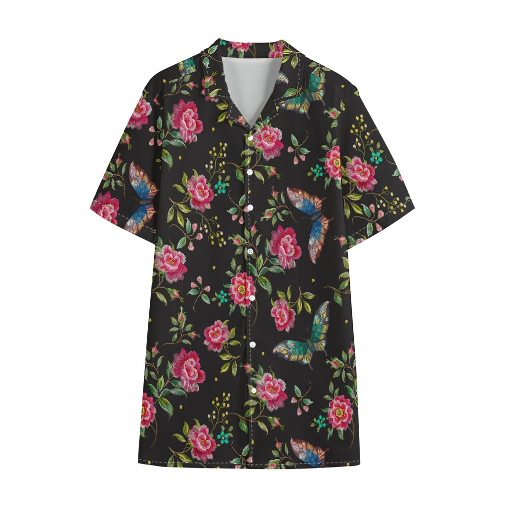Butterfly And Flower Pattern Print Cotton Hawaiian Shirt