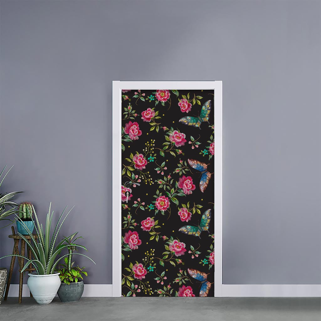 Butterfly And Flower Pattern Print Door Sticker