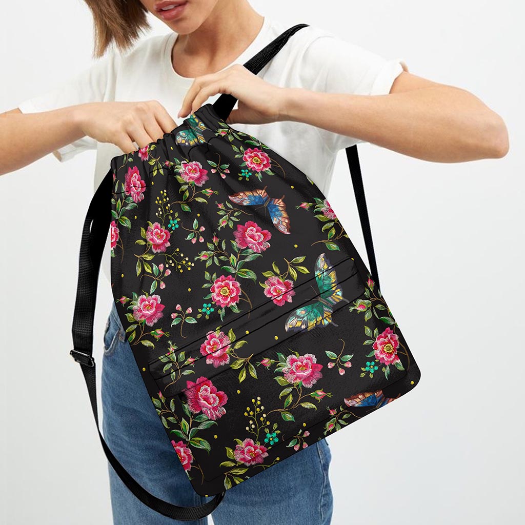 Butterfly And Flower Pattern Print Drawstring Backpack