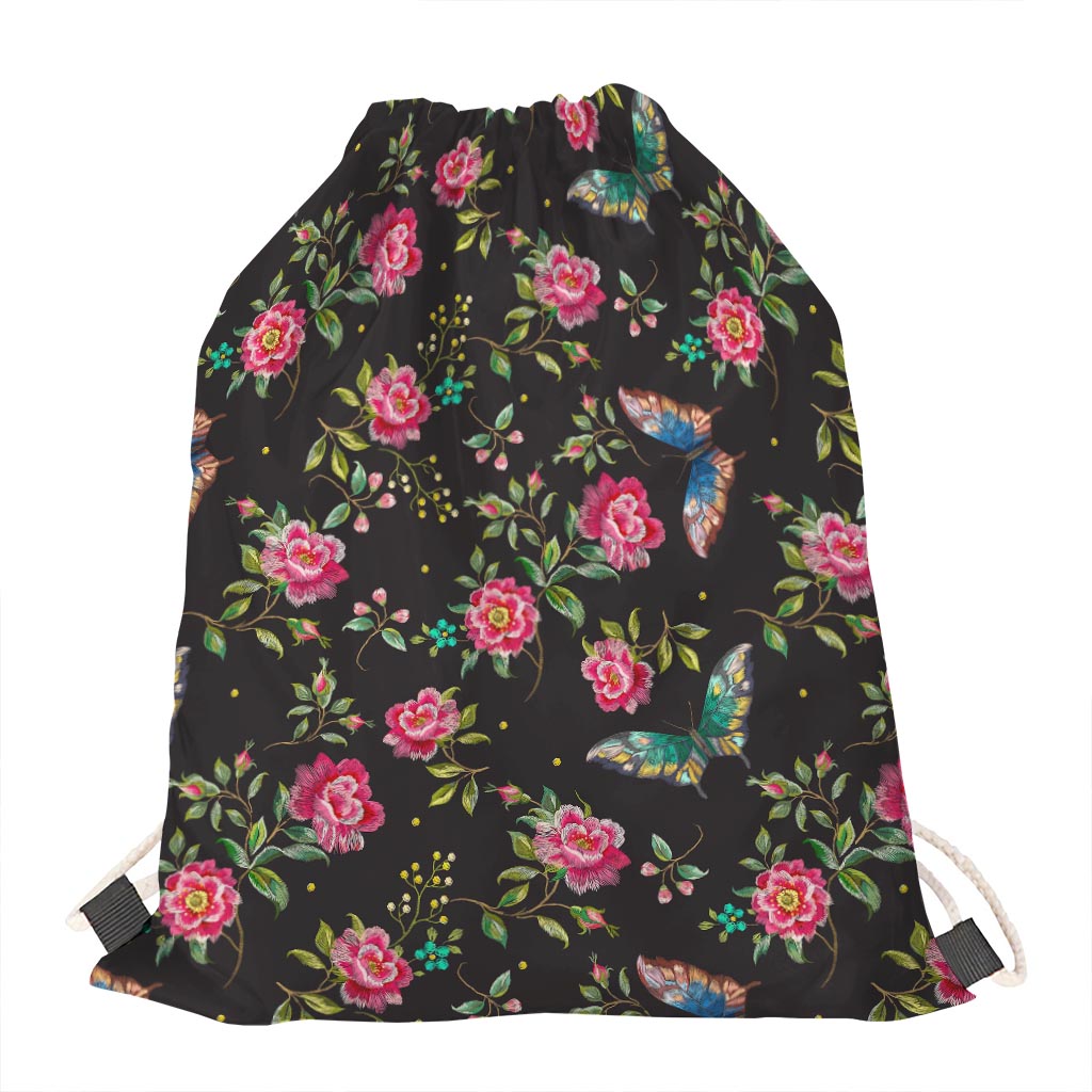 Butterfly And Flower Pattern Print Drawstring Bag